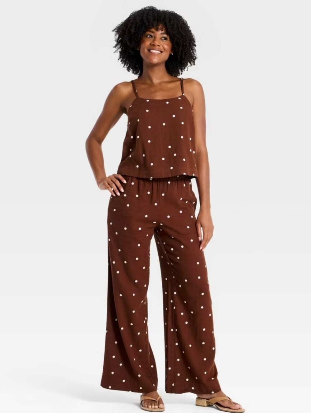 A New Day Women's High-Rise Linen Blend Wide Leg Brown Dot Pull-On Pants Size M